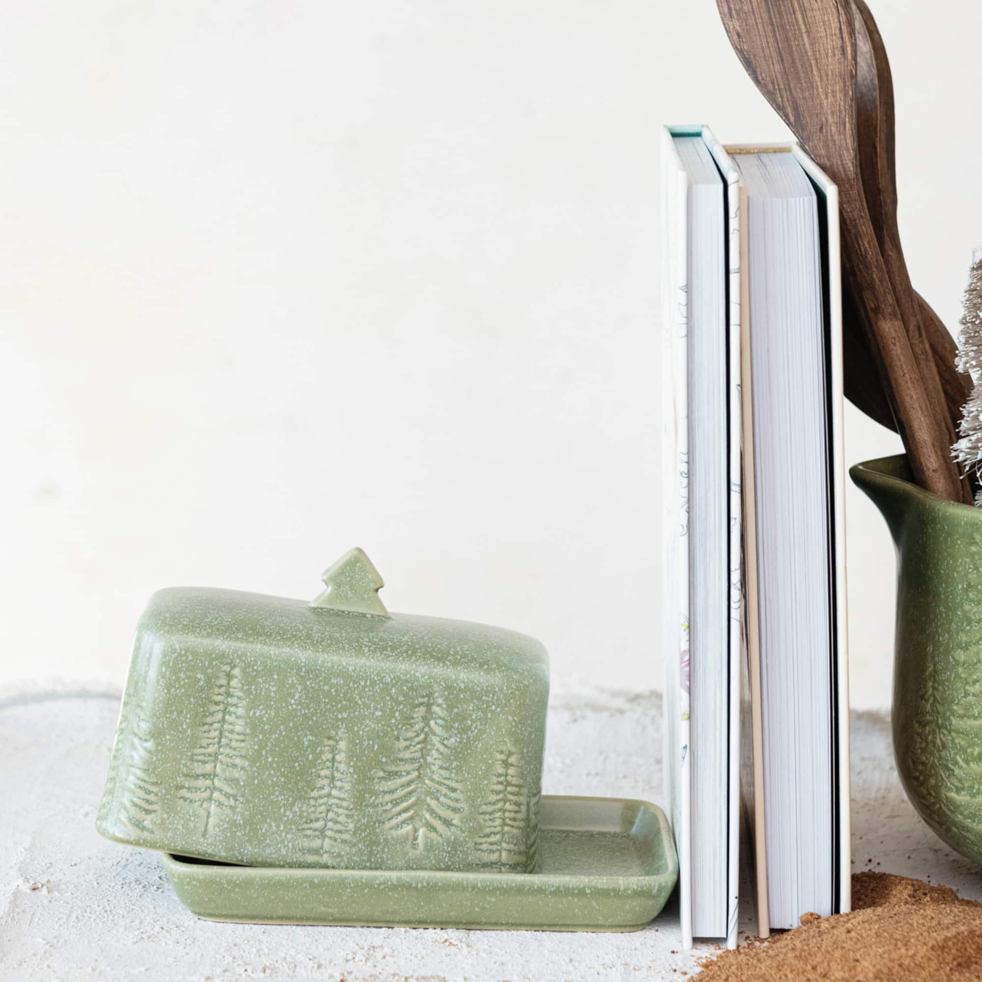 Hello Honey® 6.75" Green Tree Debossed Stoneware Butter Dish with Reactive Glaze Finish